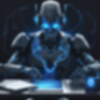 Dark charcoal background with blue lightning striking _A humanoid or semi-abstract robot c
