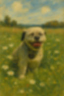 Smiling pug in a flower field from the dog art archive