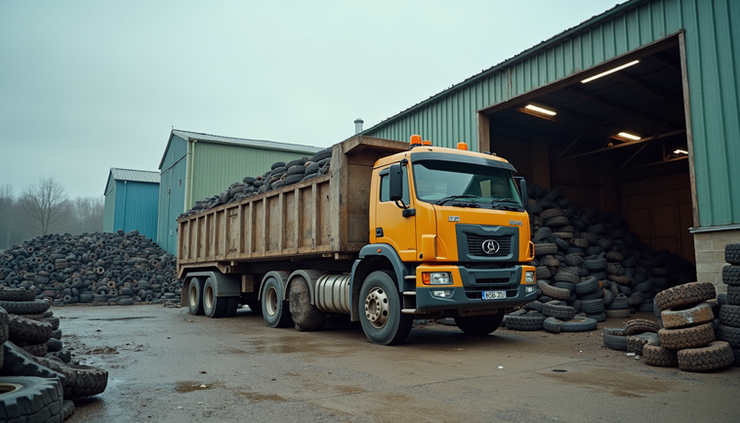 Eye-level view of a tire recycling facility with a hauler truck parked near a collector's loading area