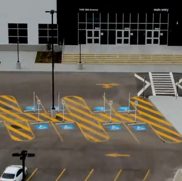 Aerial view of parking lot painted