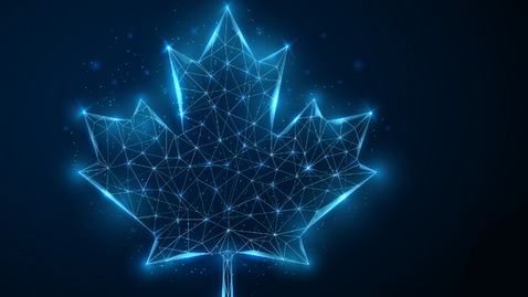 A blue glowing network of lines that together create a maple leaf, against a black background.