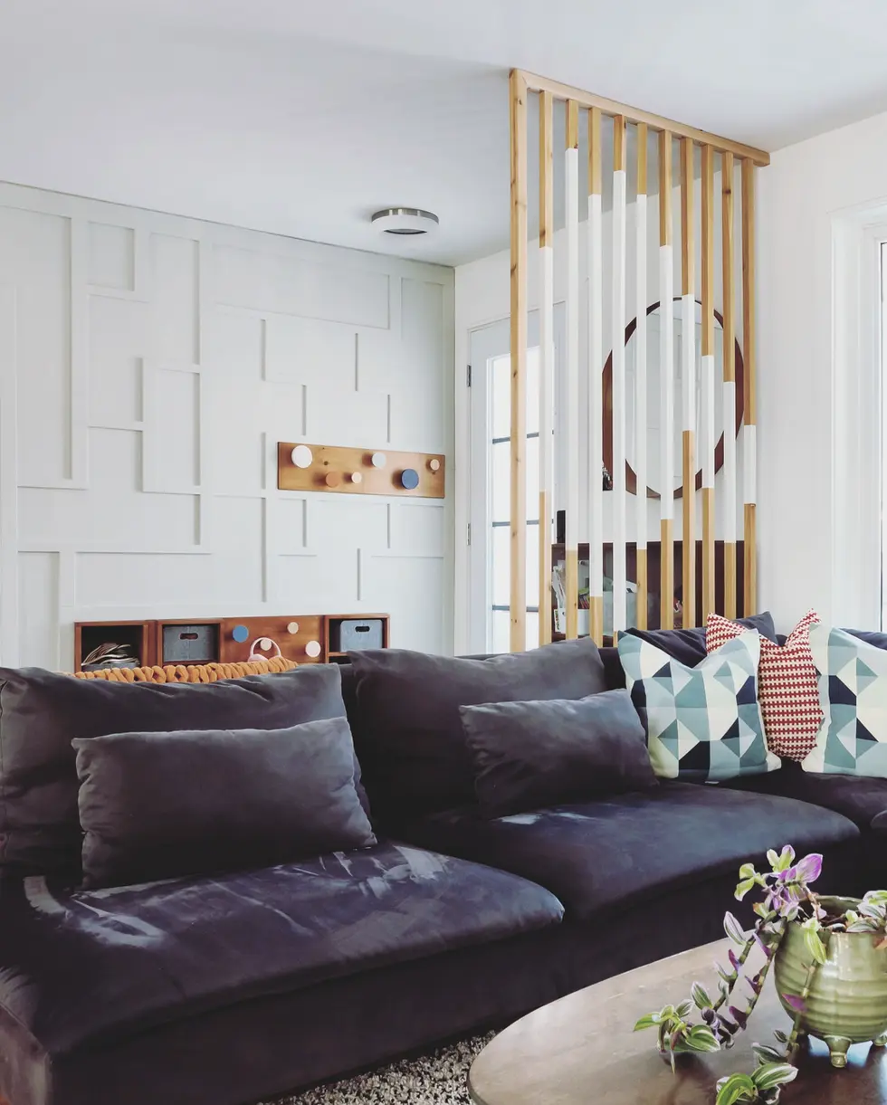 Living room. Tetris wall panelling. Wood slat art piece.