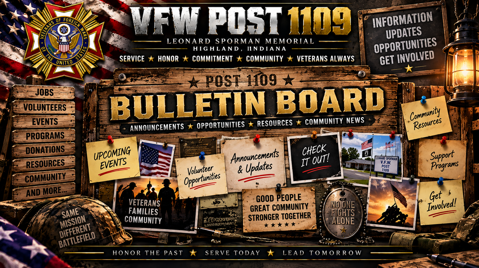 VFW Post 1109 mission-style bulletin board artwork featuring community announcements, veteran opportunities, events, volunteers and support resources