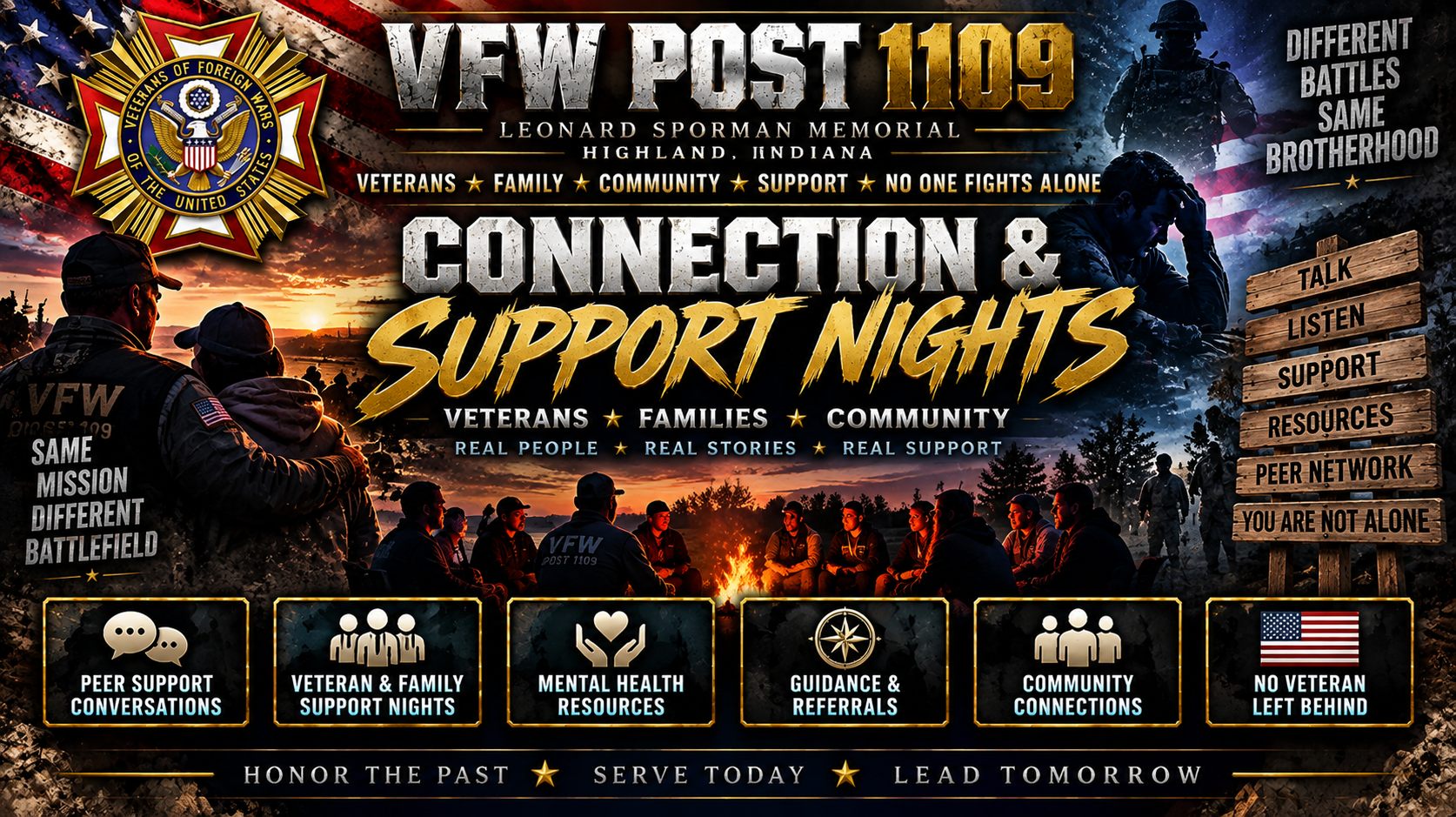 VFW Post 1109 Connection and Support Nights: cinematic veterans-and-families support artwork showing camaraderie, conversation, guidance and community