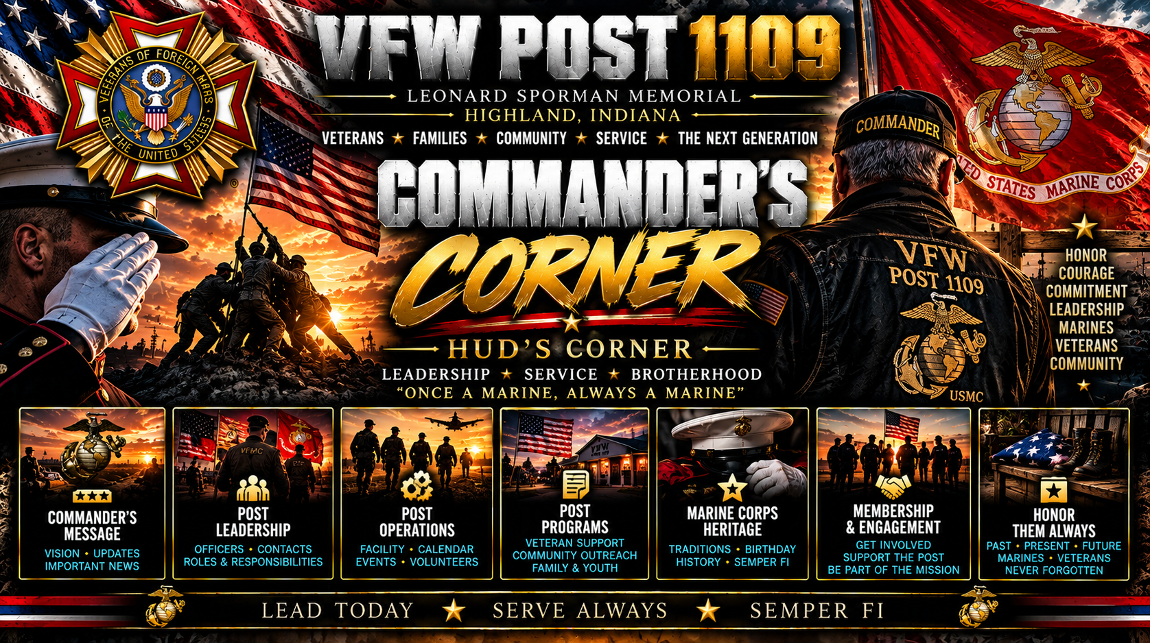 VFW Post 1109 Commander's Corner: Marine Corps-inspired patriotic artwork honoring Commander Larry Hud Higgins, service, leadership, brotherhood, and the Post's future