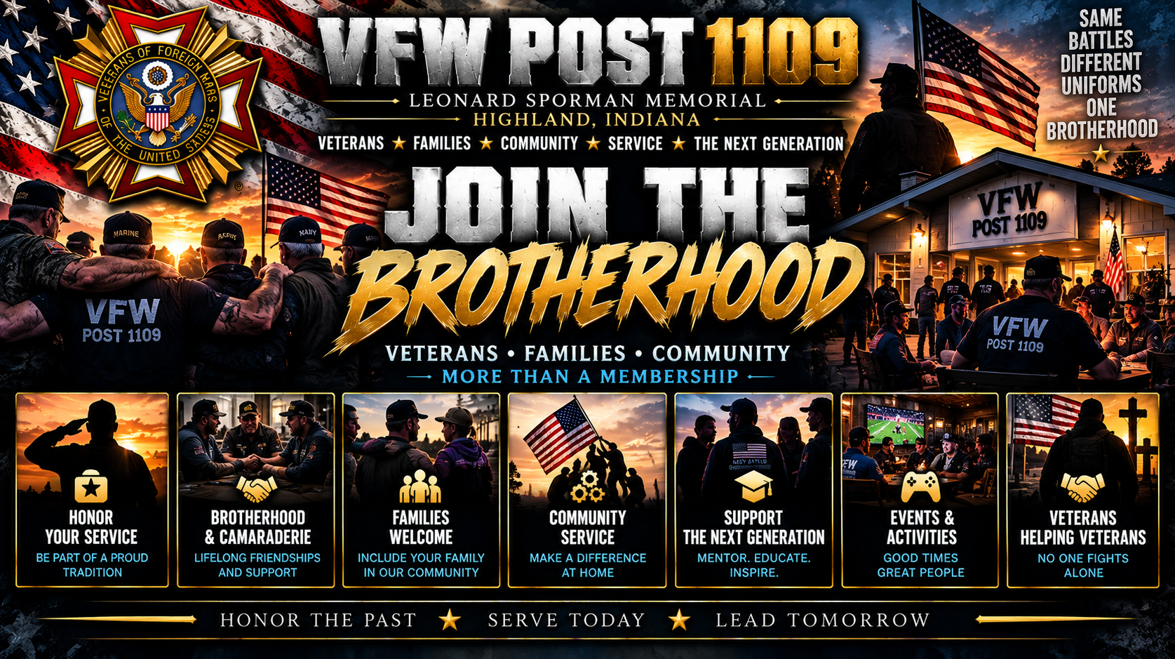 VFW Post 1109 Join the Brotherhood: veterans across generations, camaraderie, community service, families, mentorship, and veteran support