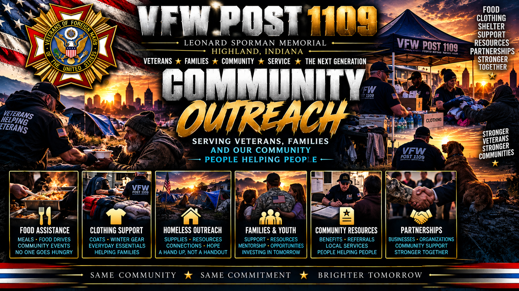 VFW Post 1109 Community Outreach illustrated concept: veterans supporting neighbors through meals, clothing, family outreach, resource connections and partnerships