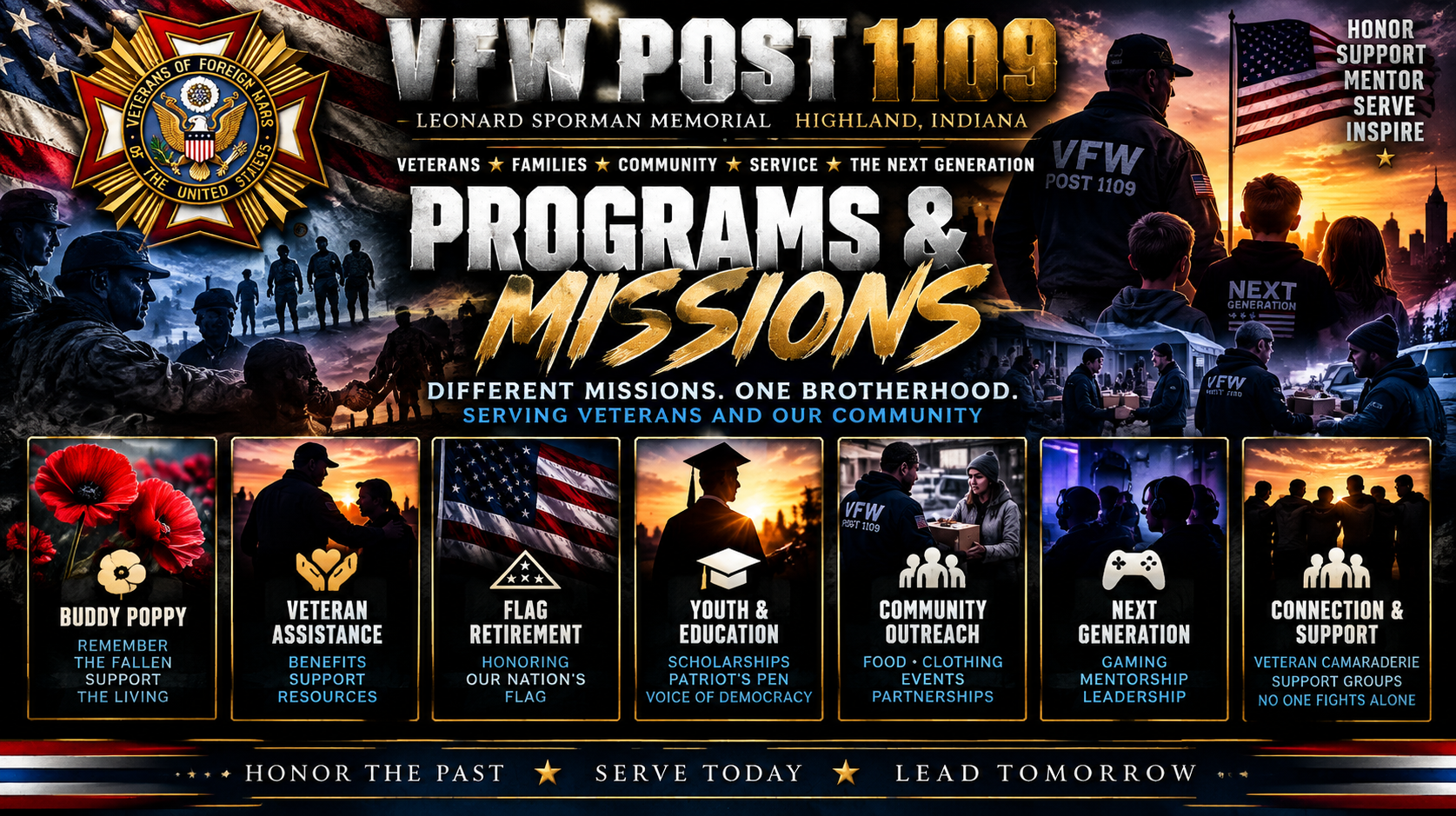 VFW Post 1109 Programs and Missions: patriotic artwork illustrating Buddy Poppy, veteran assistance, flag retirement, youth education, community outreach, next generation, and veteran connection and support