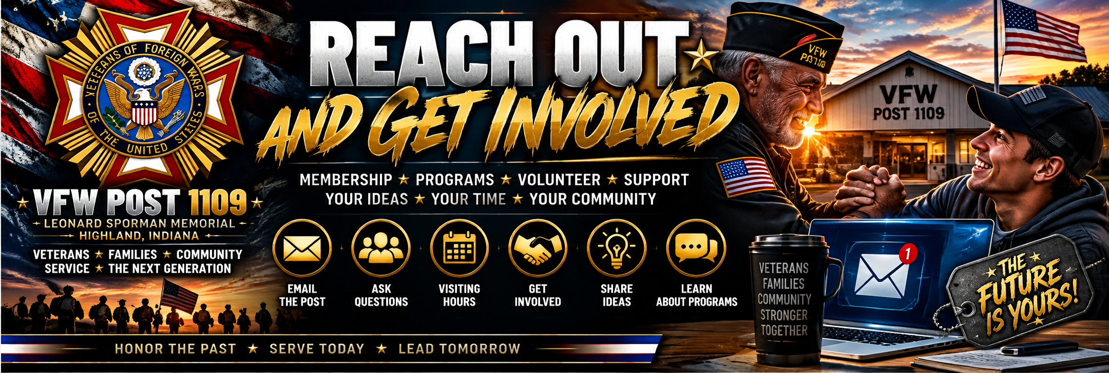 Reach Out and Get Involved — VFW Post 1109 email and communications artwork featuring veterans connecting, memberships, programs, volunteering, and community opportunities