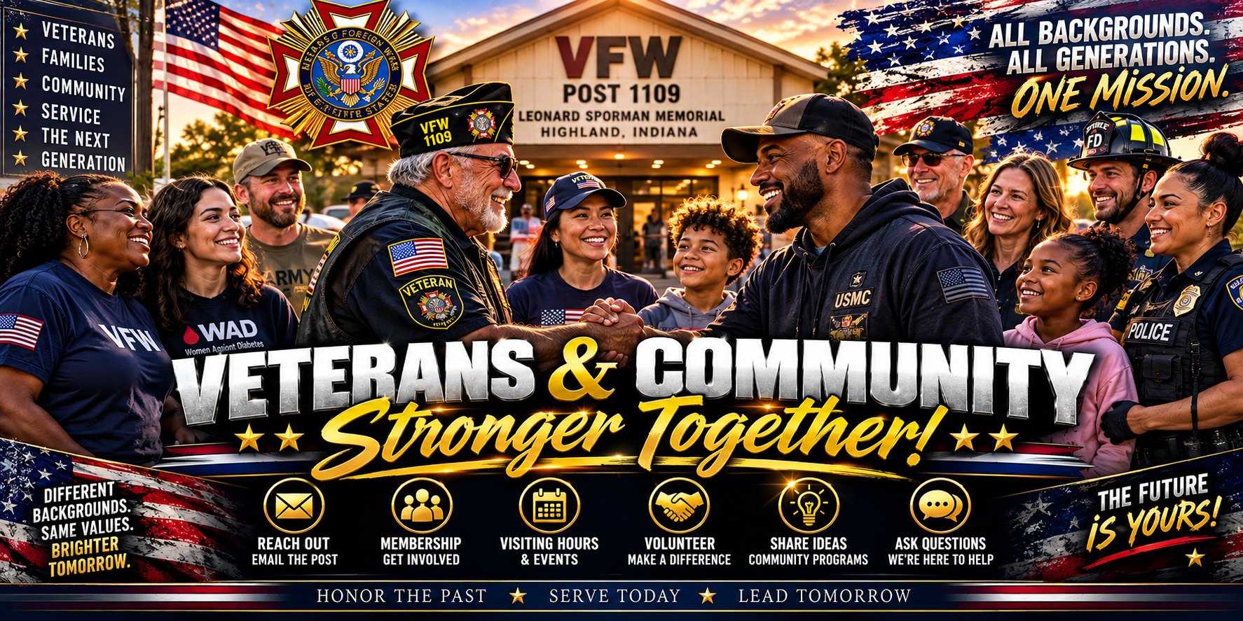 Illustrated Veterans and Community — Stronger Together welcome banner, featuring veterans, families, neighbors and first responders of different backgrounds united by service