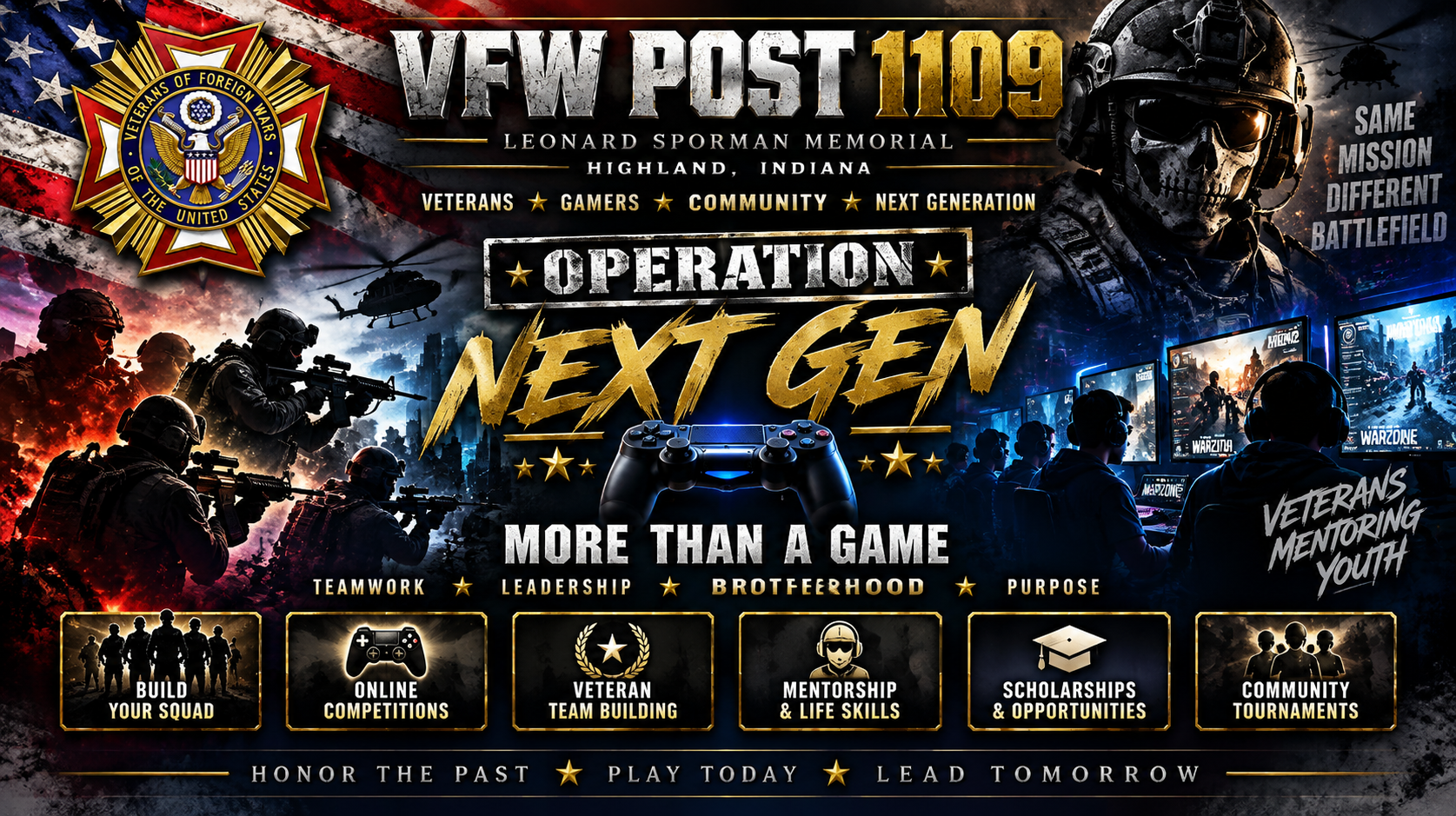 VFW Post 1109 Operation Next Gen: cinematic military gaming and esports artwork highlighting veterans, camaraderie, leadership, mentoring and community