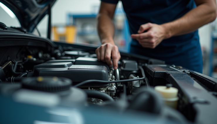 Detailní pohled na motor automobilu během kontroly