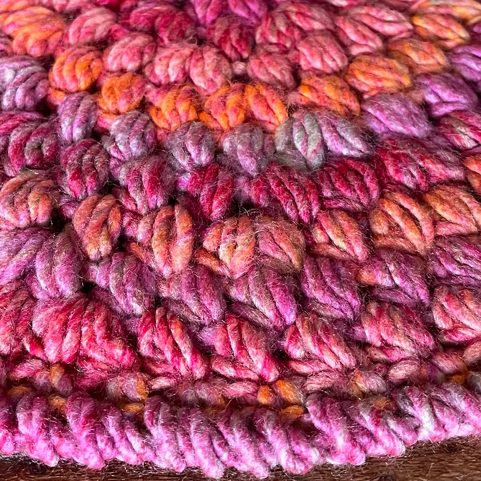 Thumbnail: Close-up textured crochet stitches in variegated chunky yarn