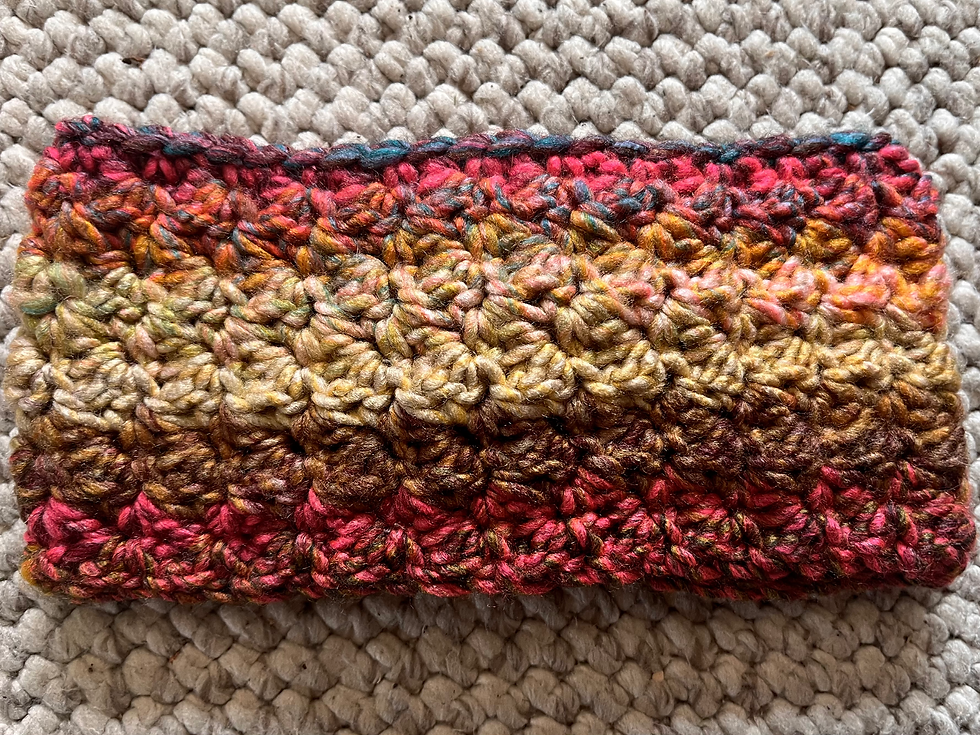 Thumbnail: Handmade crochet headband in chunky yarn. Colourway Forest sunset