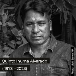 Indigenous Kichwa Leader Quinto Inuma Alvarado from the Peruvian Amazon in front of nature backdrop