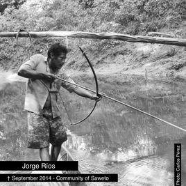 Indigenous Asheninka Leader Jorge Ríos from the Peruvian Amazon with a bow and a speak standing in a canoe hunting for fish.
