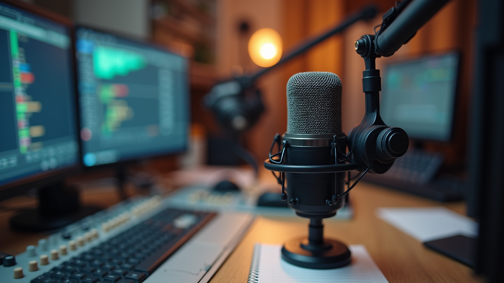 Eye-level view of a radio studio microphone ready for broadcast