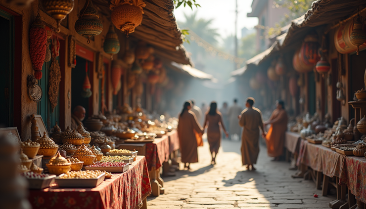 Eye-level view of a traditional marketplace with religious symbols displayed