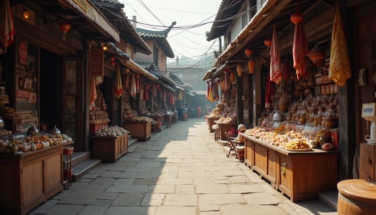 Eye-level view of a traditional marketplace with religious symbols displayed