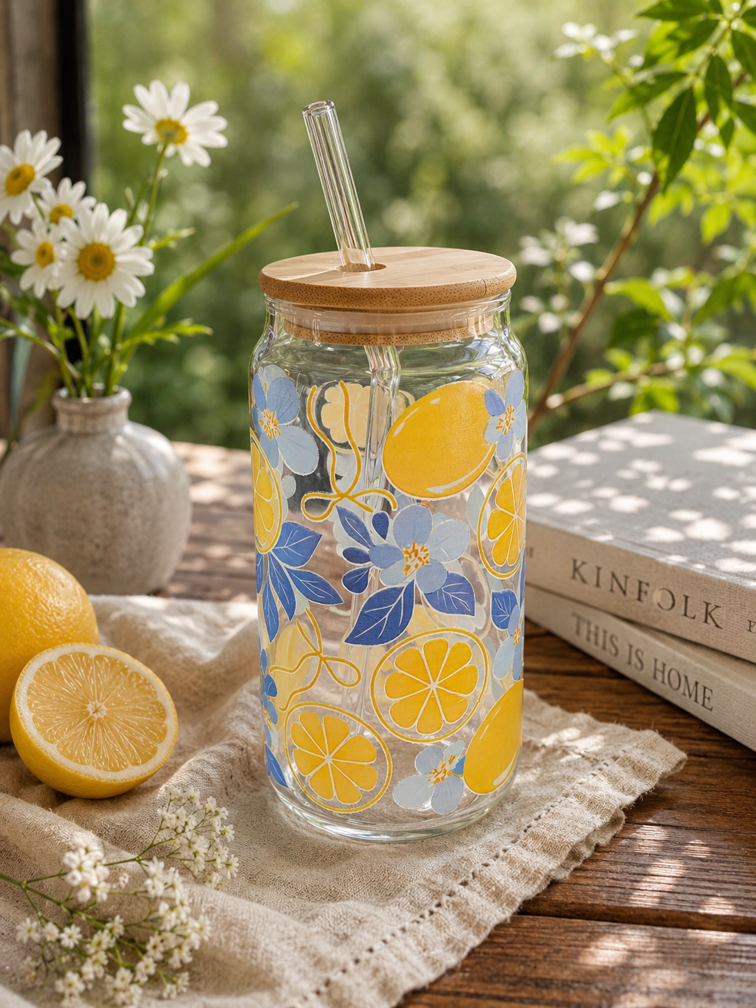 Tumblerglas med Citroner & Blommor