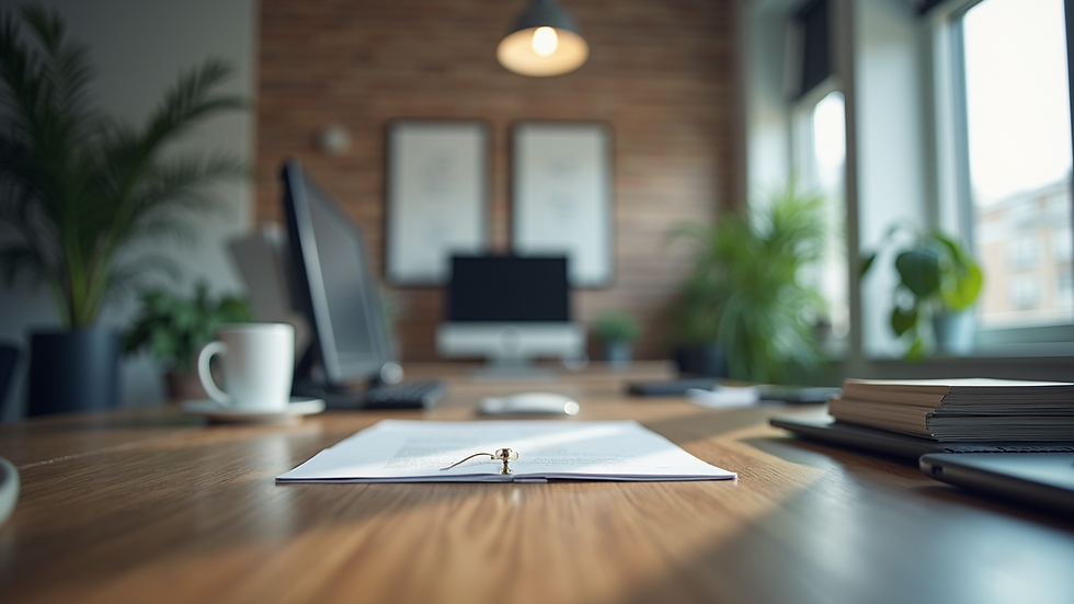 Eye-level view of a modern workspace with a focus on a sleek desk and organized materials
