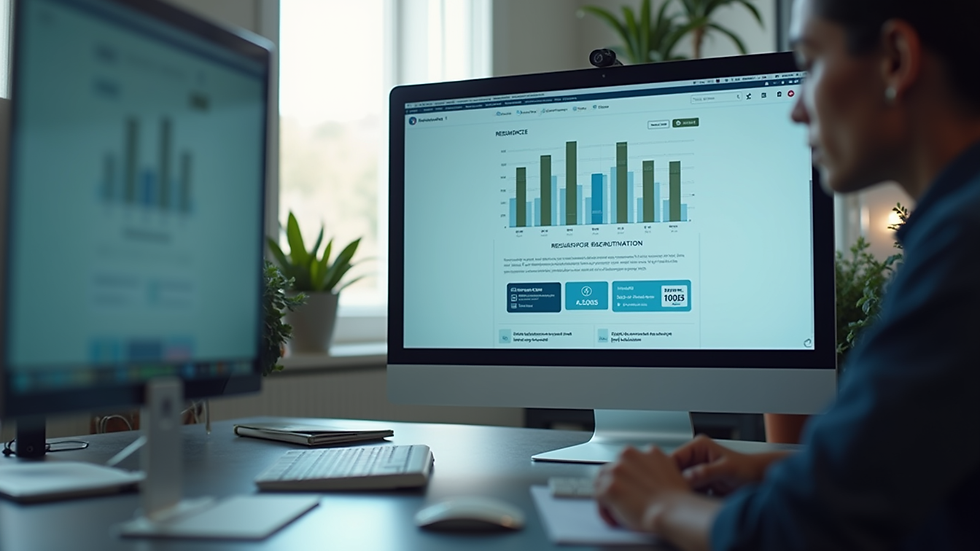 Eye-level view of a modern workspace with a digital recruitment platform displayed on a screen