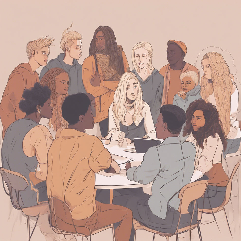 Youth sitting around table talking politics