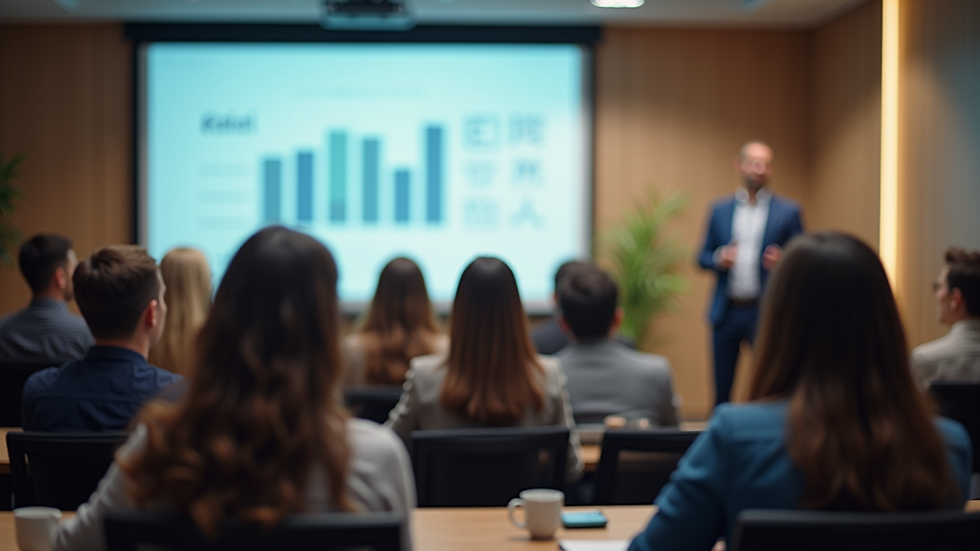 Eye-level view of a corporate training session with a speaker addressing a diverse audience
