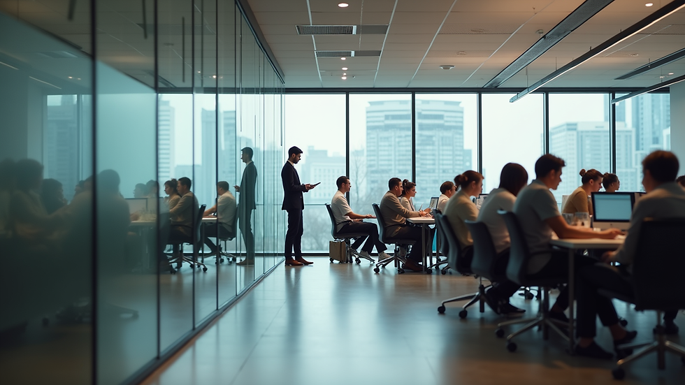 Eye-level view of a modern office space with diverse employees collaborating