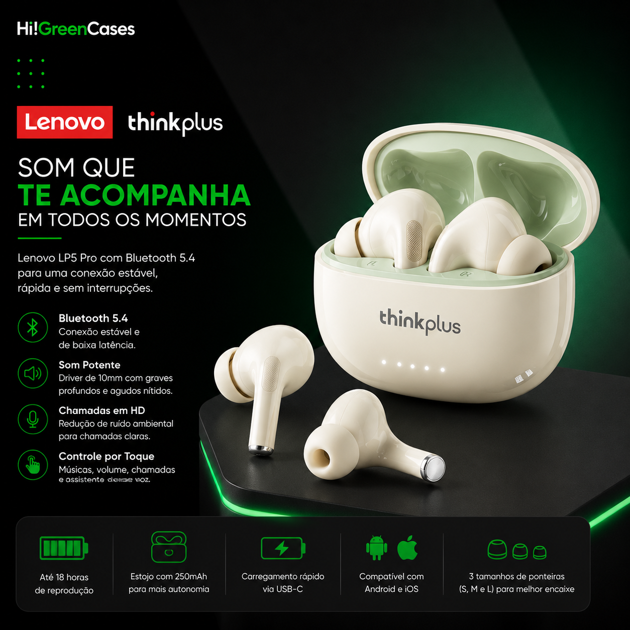 Fone de Ouvido Lenovo LP5 Pro Bege