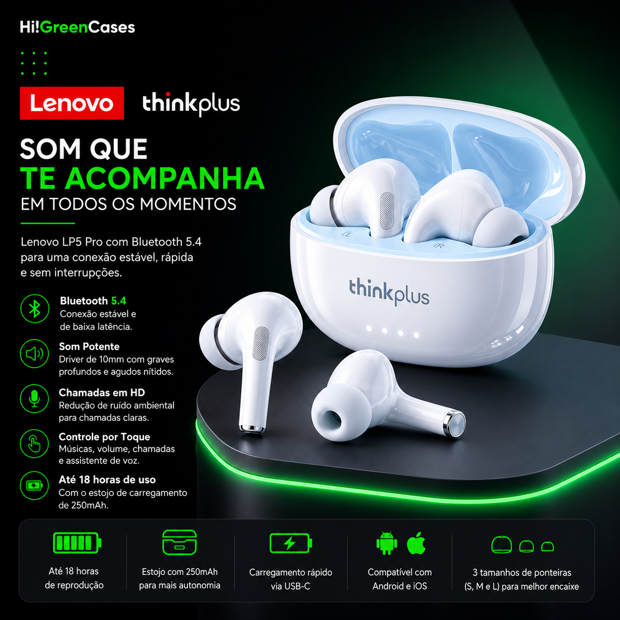 Fone de Ouvido Lenovo LP5 Pro Branco