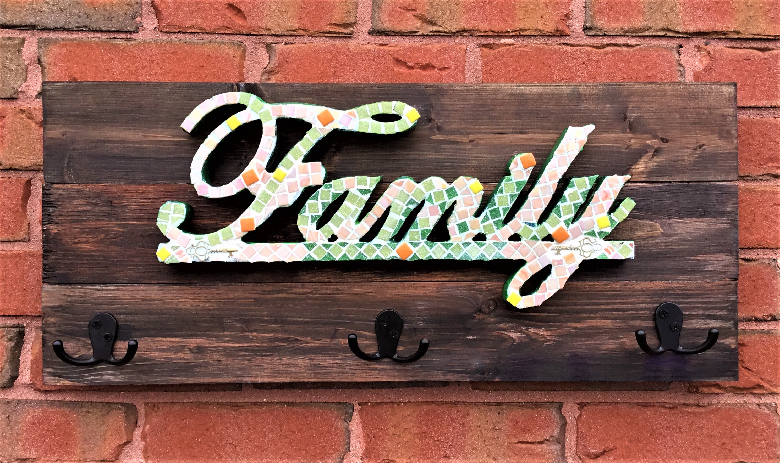 Family Mosaic on wood boa with hooks