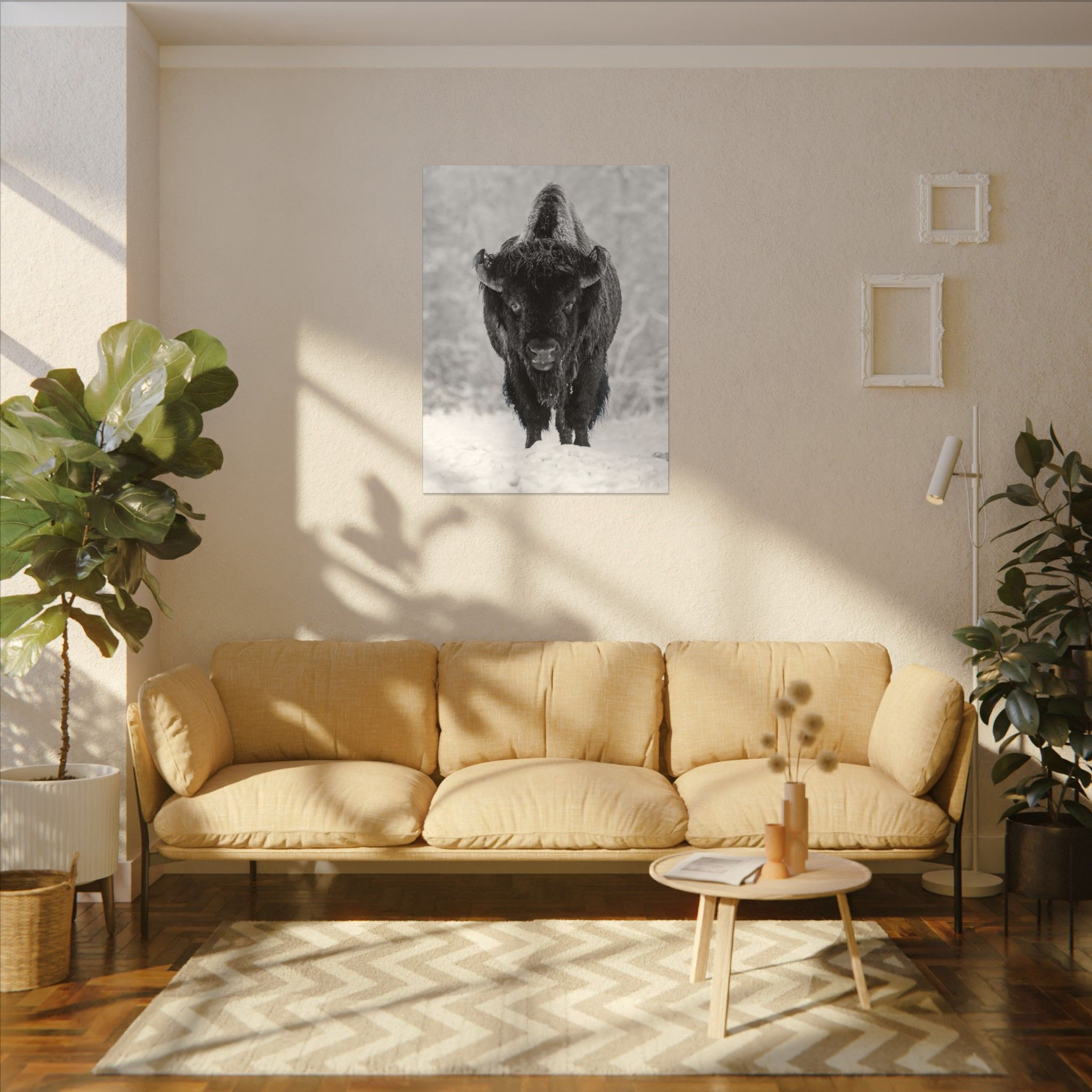 Bison Portrait Matte Canvas Wall Art — Black & White Wildlife Photography