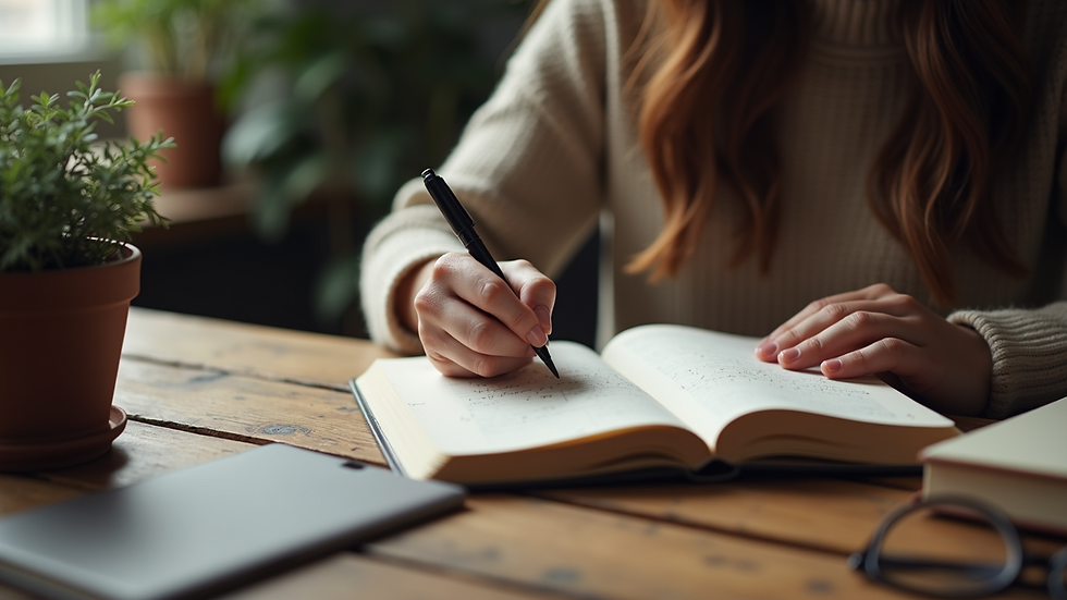 High-angle view of a person writing in a journal