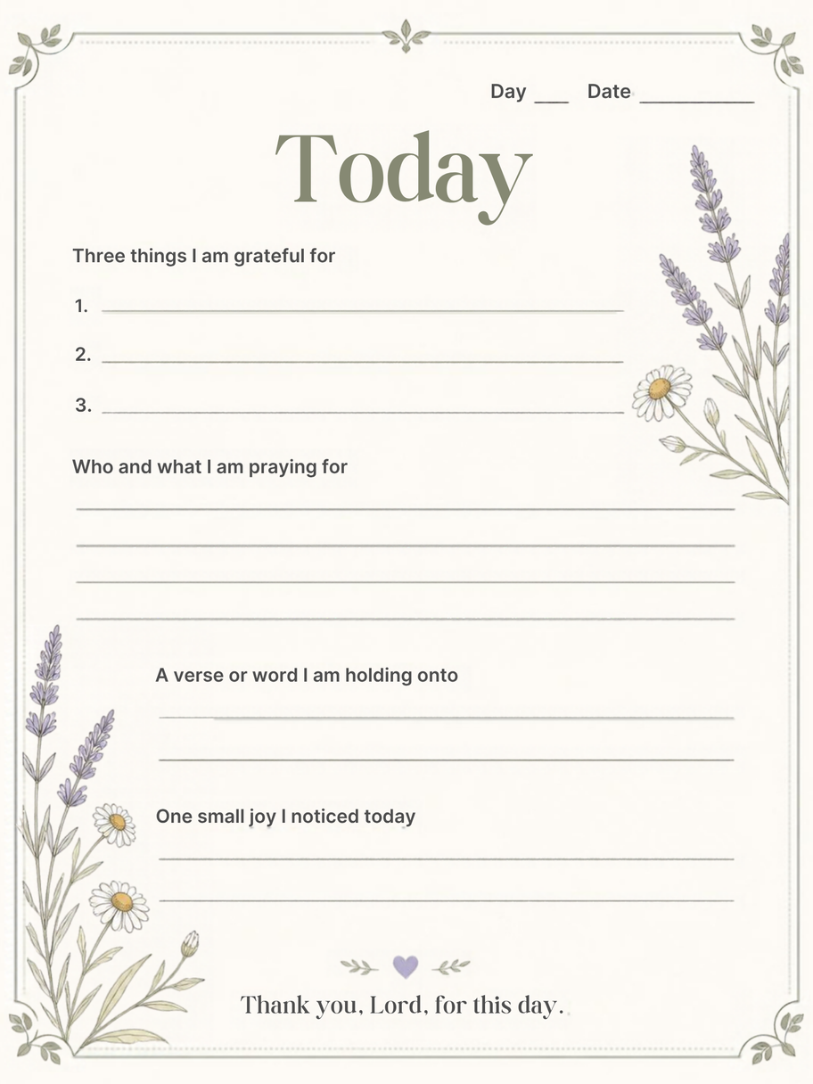Daily gratitude and prayer page from the Grateful Heart printable journal