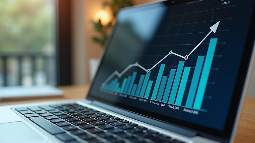 Close-up view of a laptop screen showing a business growth chart