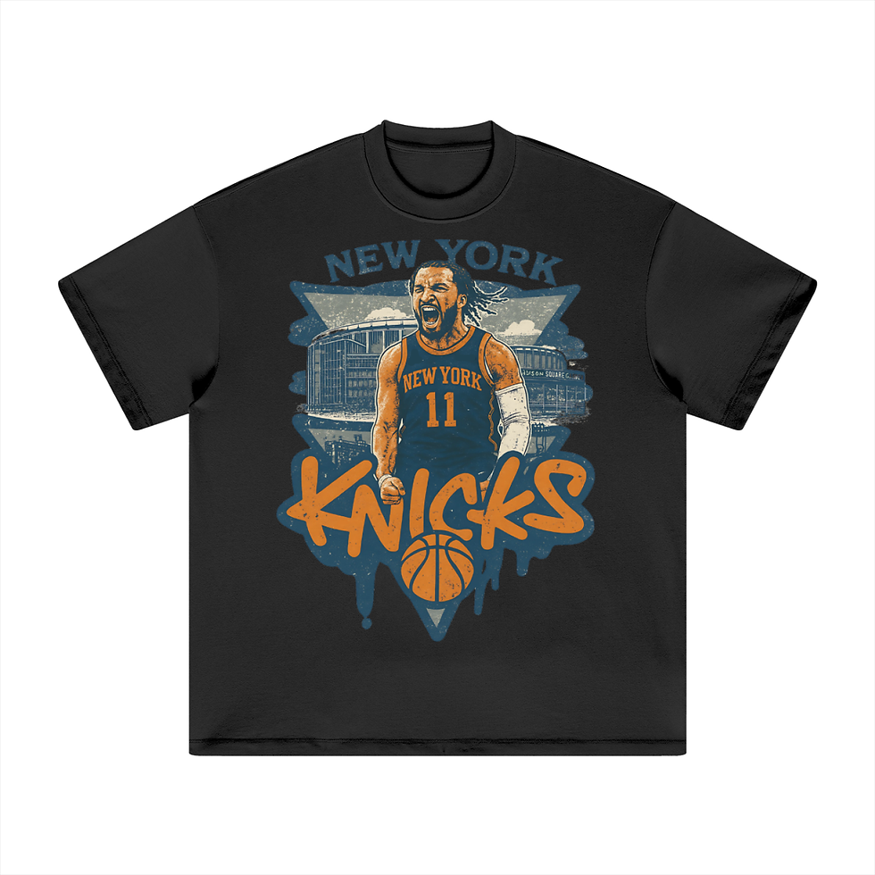 Black New York Knicks tee with player graphic and logo; B&B Color-Block T-Shirt.