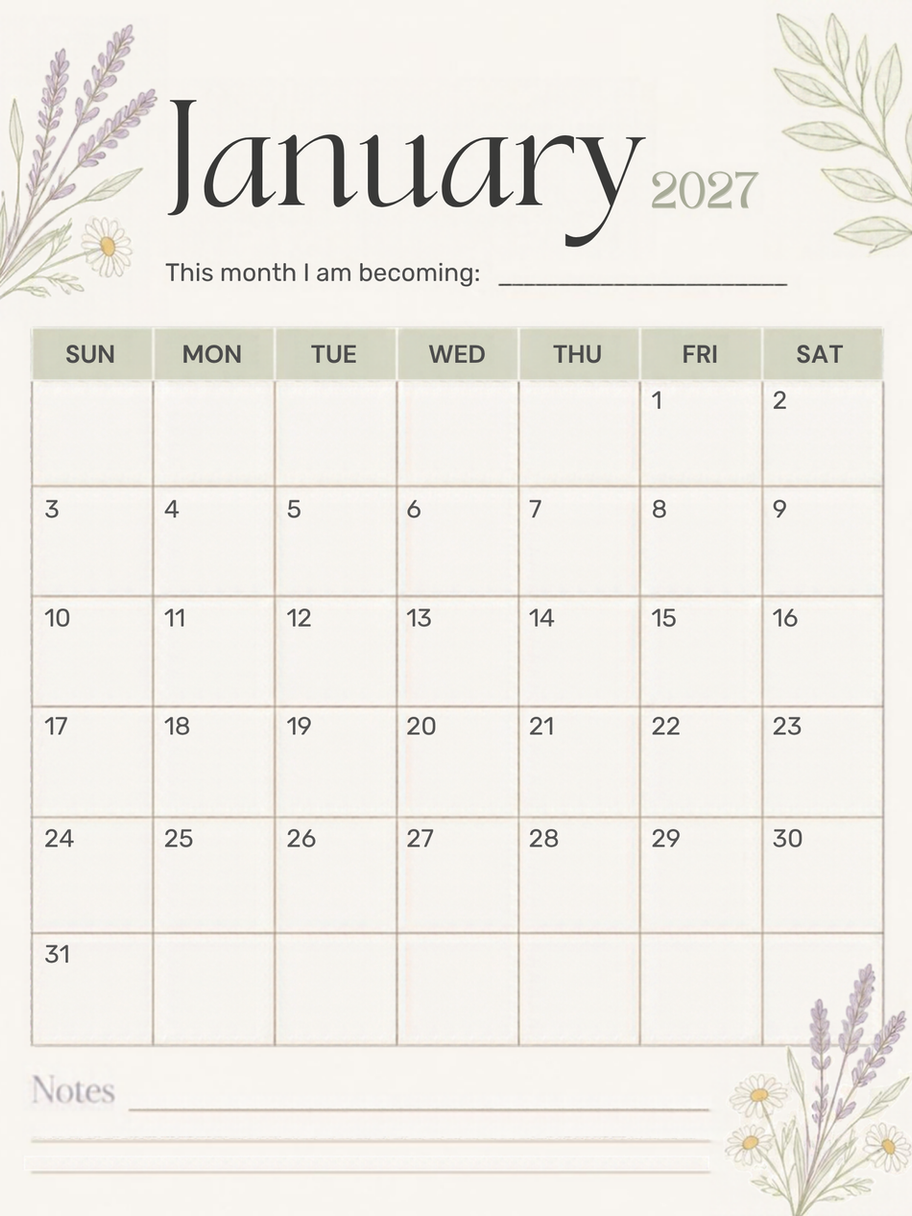 January 2027 monthly calendar page with a notes section