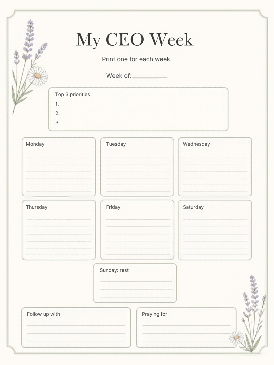 My CEO Week planner page with top 3 priorities, daily boxes, Sunday rest, and a prayer list