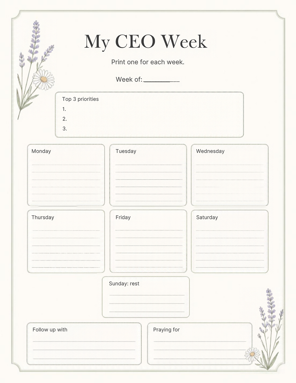 My CEO Week planner page with top 3 priorities, daily boxes, Sunday rest, and a prayer list