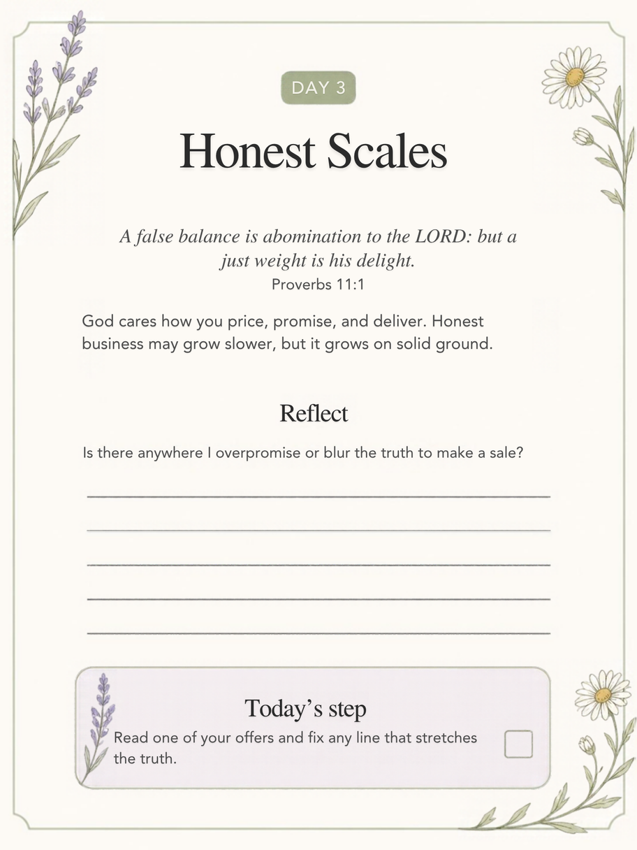 Day 3 page, Honest Scales, with Proverbs 11:1 from the Called to Build printable devotional