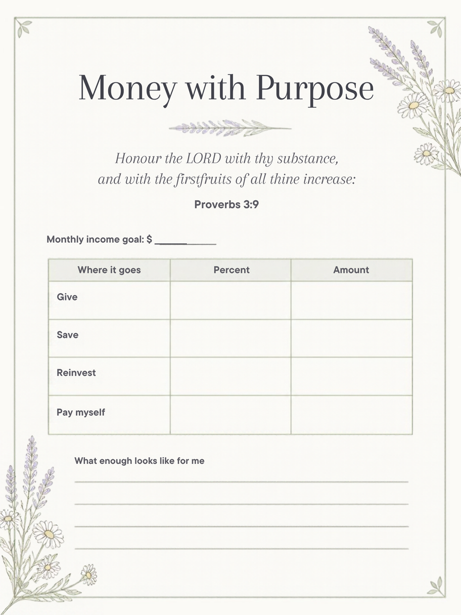 Money with Purpose worksheet with a give, save, reinvest, and pay myself table