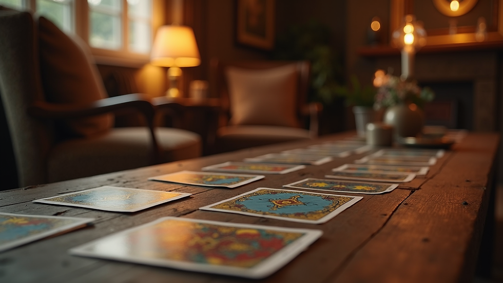 Eye-level view of a cozy room with tarot cards laid out on a wooden table