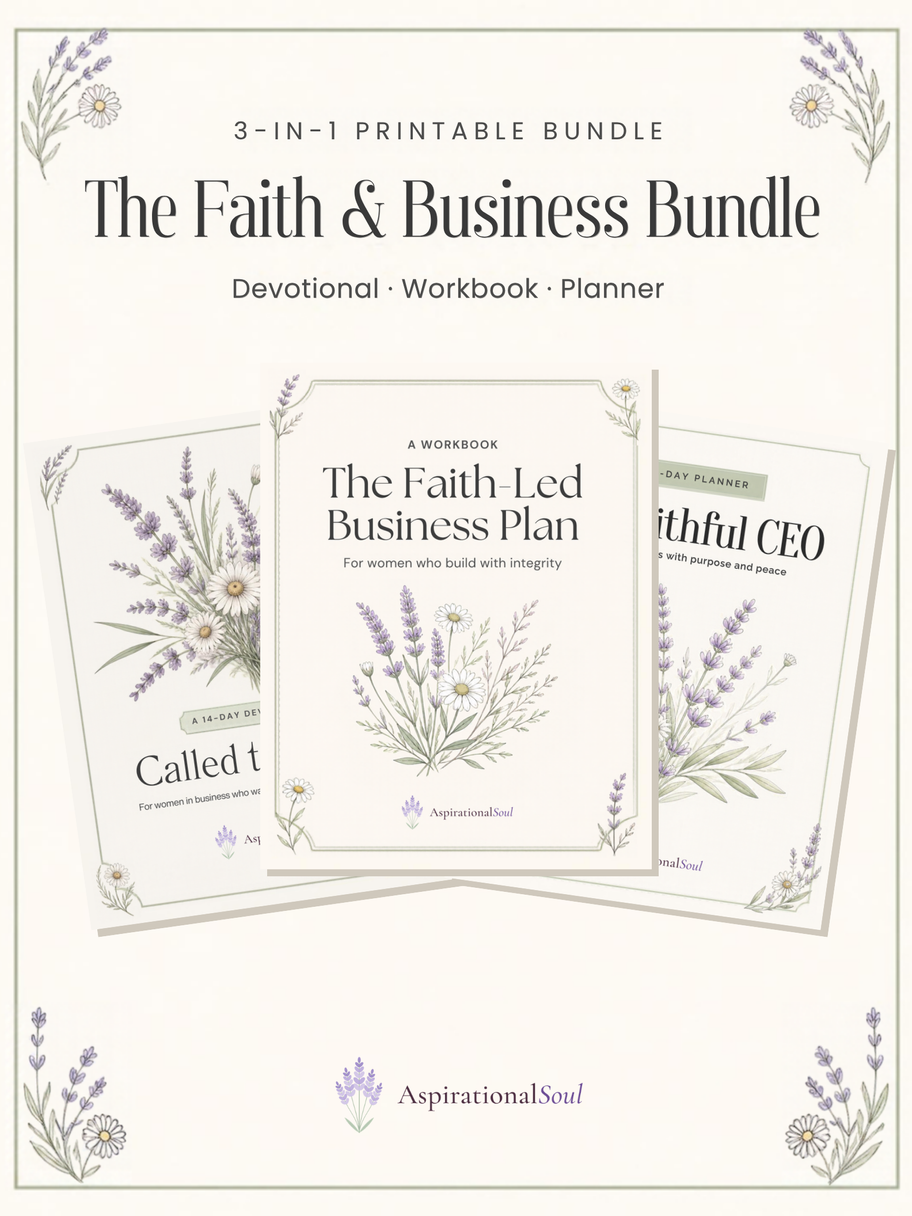 The Faith and Business Bundle by Aspirational Soul, showing the devotional, workbook, and planner covers