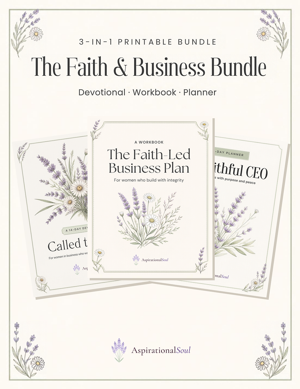 The Faith and Business Bundle by Aspirational Soul, showing the devotional, workbook, and planner covers