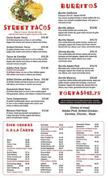 “Chicken burrito topped with queso”
“Steak burrito with rice and beans”
“Ground beef burrito with queso”
“Shrimp burrito with creamy sauce”
“Vegetarian burrito with grilled veggies”
“Burrito supreme with queso and rice”
“Smothered burrito with red sauce”
“Carne asada street tacos topped with cilantro, onion, and fresh lime”
“Chicken street tacos served on warm corn tortillas with cilantro and onion”
“Carnitas street tacos with tender pork, cilantro, and onion”
“Shrimp street tacos with cabbage slaw and lime crema”
“Al pastor street tacos with grilled pineapple and cilantro”
“Ground beef street tacos with lettuce, cheese, and tomato”
“Street taco trio served with lime wedges”
Carne asada street tacos made fresh with cilantro and onion