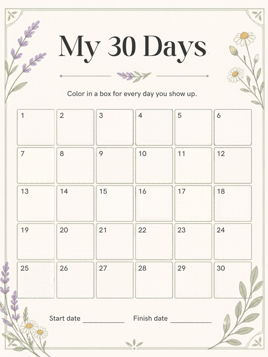 My 30 Days tracker page from the Grateful Heart printable journal