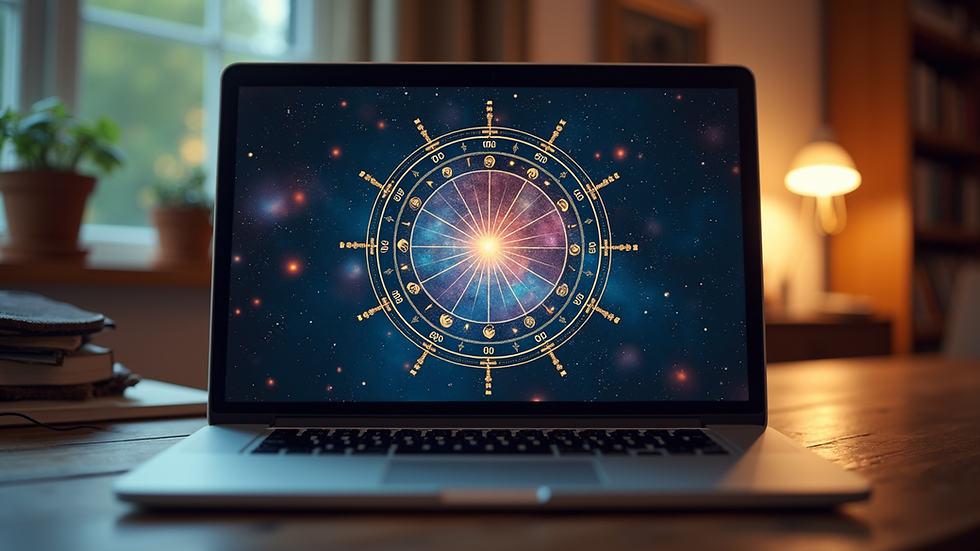 Eye-level view of a laptop displaying a colorful astrological chart