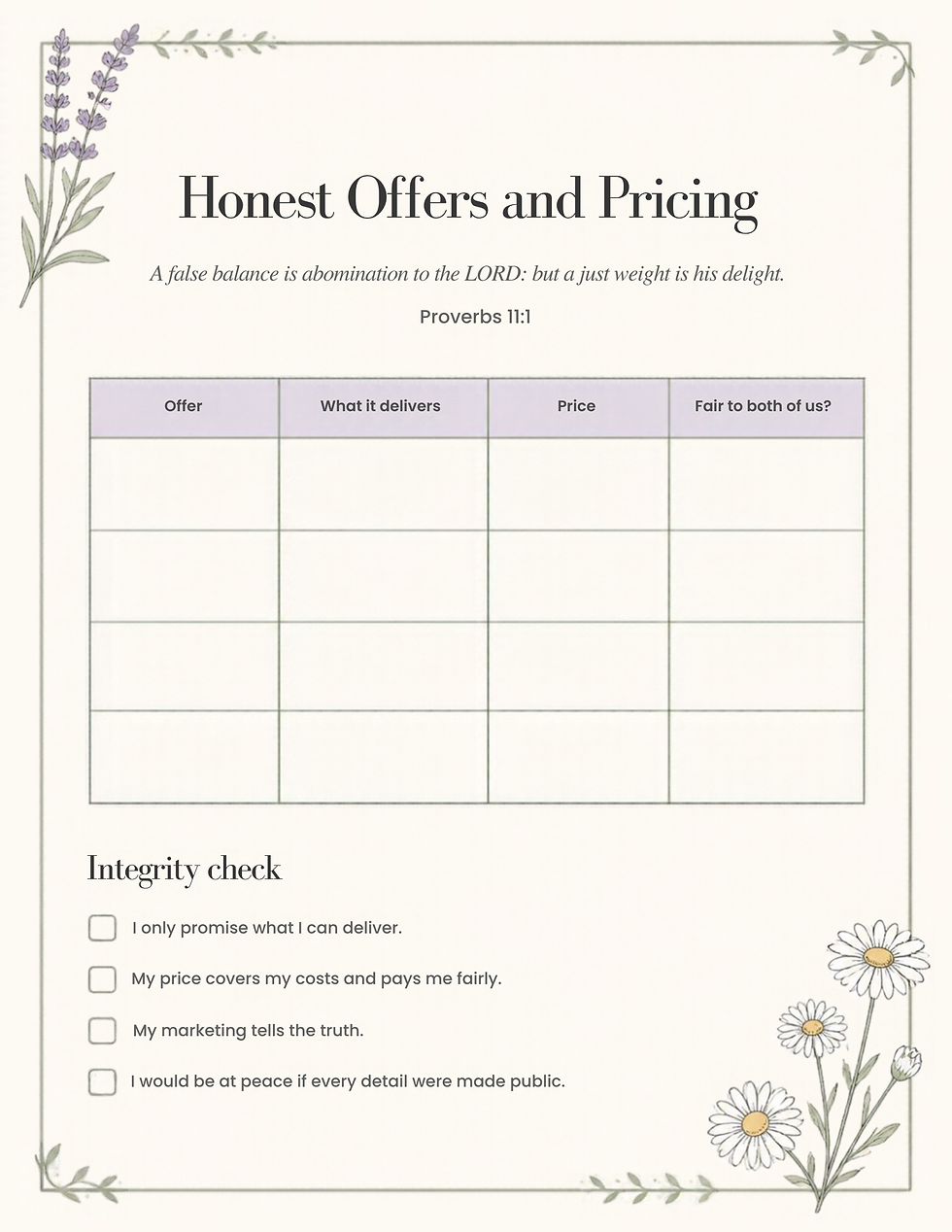 Honest Offers and Pricing worksheet with an offer table and a four-point integrity check