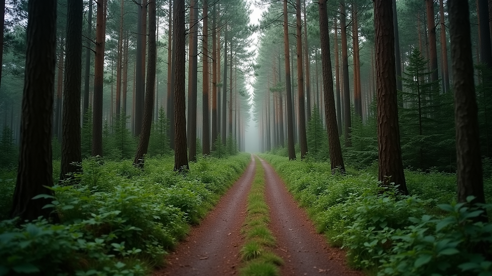 Eye-level view of a winding forest path surrounded by tall trees
